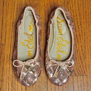 SAM EDELMAN: YOUTH GIRLS SEQUIN ROSE GOLD BALLET FLATS-SIZE 2 YOUTH